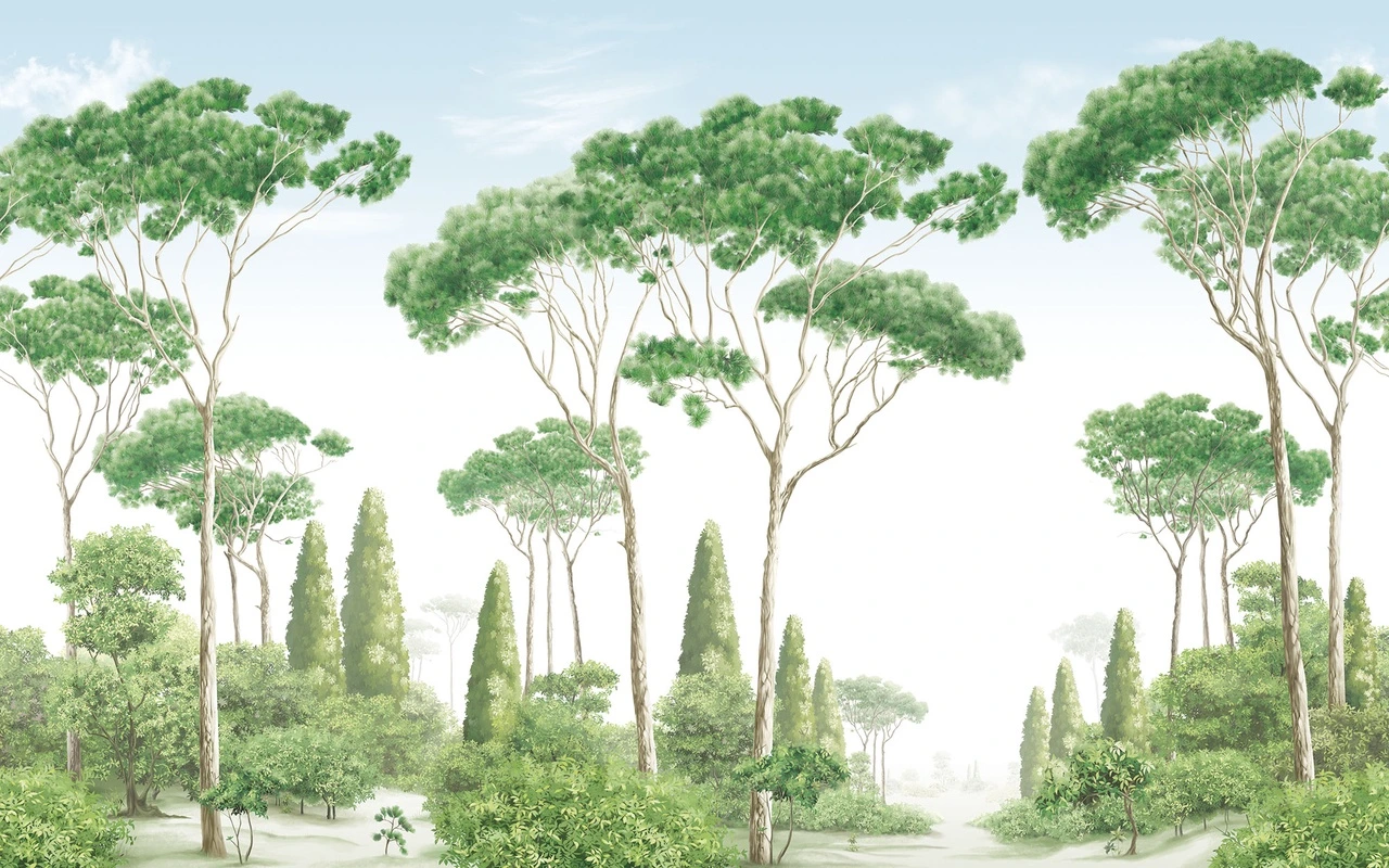 Фотообои на стену - лес, зелень, сосны, кипарисы, утро, ясное небо, живописный пейзаж, акварельный стиль, природа, ботаника, высокие деревья, лето, светлый фон, для гостиной, природная свежесть, пейзаж, живопись, для интерьера, успокаивающий, эко-дизайн, простор, деревья, голубое небо, яркие оттенки, панорамный вид