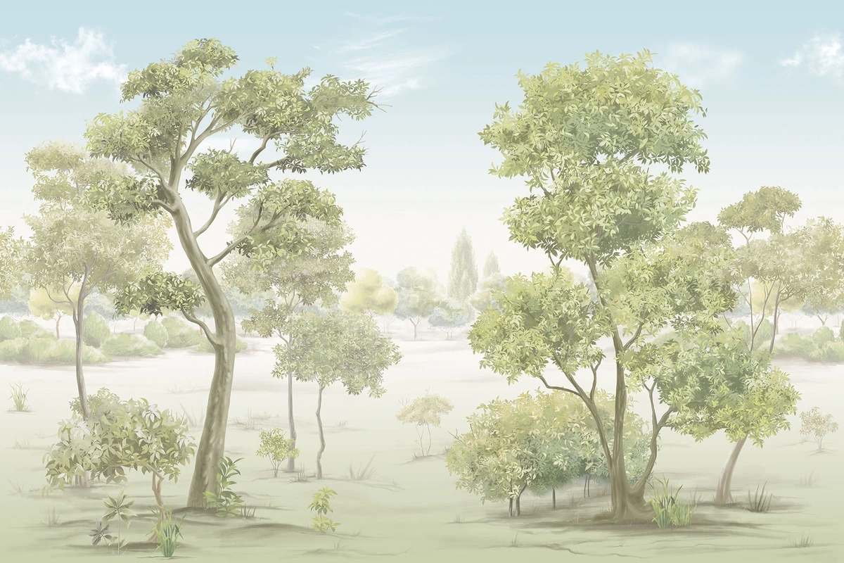 Фотообои на стену - пейзаж, деревья, зелень, кустарники, ясное небо, пастельные цвета, светлый фон, рисованная природа, летний лес, спокойствие, акварельный стиль, для спальни, для кухни, для детской, минимализм, светло-зеленые оттенки, ботанический, уютный интерьер, экологичность, природа, мягкий дизайн