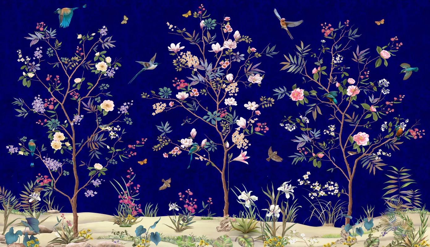 Фотообои и фрески на стену - цветы, синие, деревья, шинуазри, сад