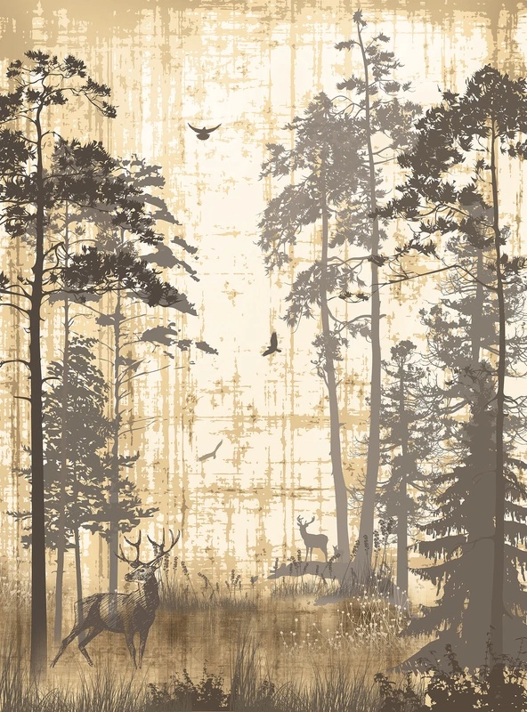 Фотообои на стену - олени, лес, птицы, травы, природа, силуэты деревьев, минимализм, коричневые тона, художественные, спокойствие, пастельный фон, для гостиной, в кабинет, расширяющие пространство, декоративные, винтажный стиль