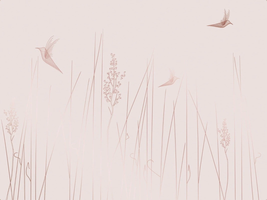 Фотообои на стену - графика, розовая, светлая, медные, медный цвет обоев, трава, птицы