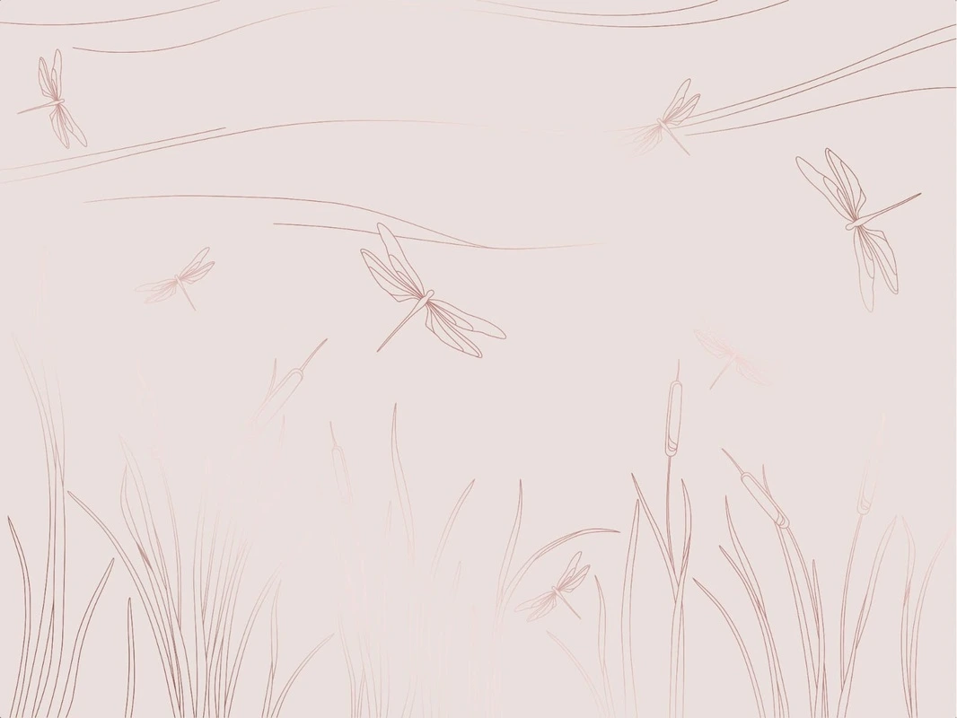 Фотообои на стену - графика, розовая, светлая, медные обои, медный цвет обоев, трава, стрекозы