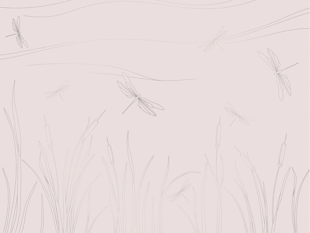 Фотообои на стену - графика, розовая, светлая, с серебром, трава, стрекоза
