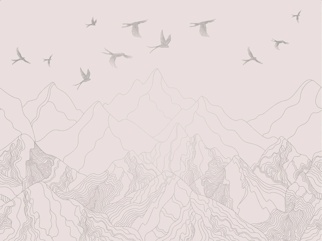 Фотообои и фрески на стену - графика, розовая, светлая, с серебром, обои с серебром, обои с серебром для стен, обои светлые с серебром, горы, птицы