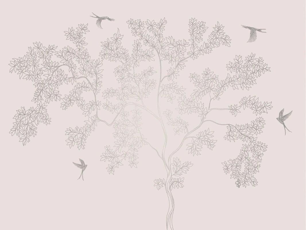 Фотообои и фрески на стену - графика, розовая, светлая, с серебром, обои с серебром, дерево, птицы, листья