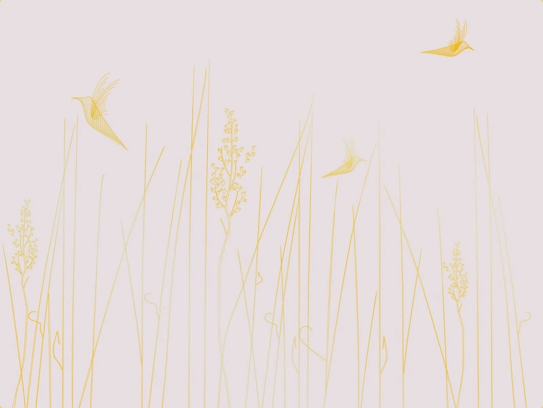 Фотообои на стену - графика, розовая, светлая, белая, золотые линии, трава, птицы