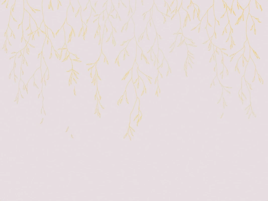 Фотообои и фрески на стену - графика, розовая, светлая, белая, золотые линии, золотые листья, ветки