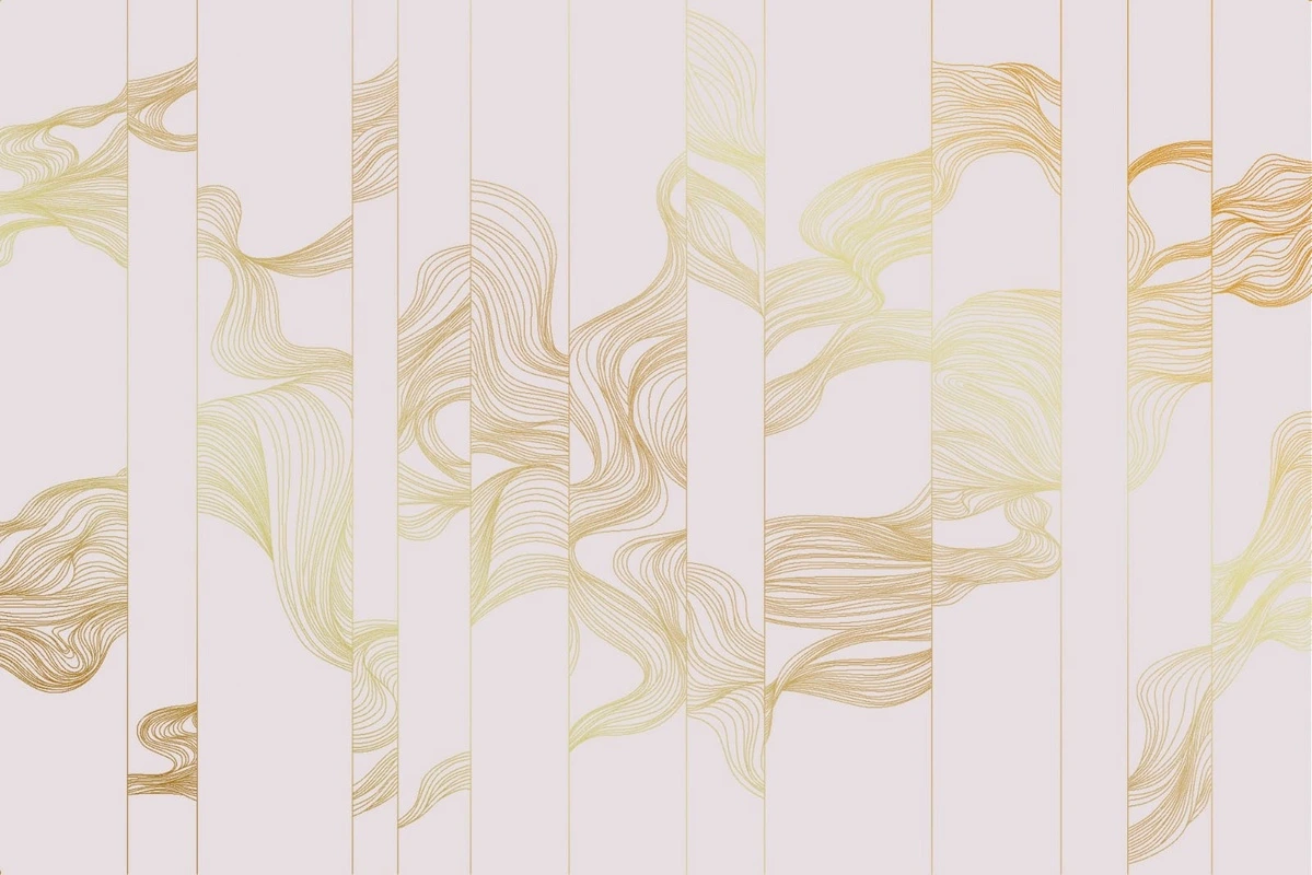 Фотообои и фрески на стену - графика, розовая, светлая, белая, золотые линии, волны, вертикальные