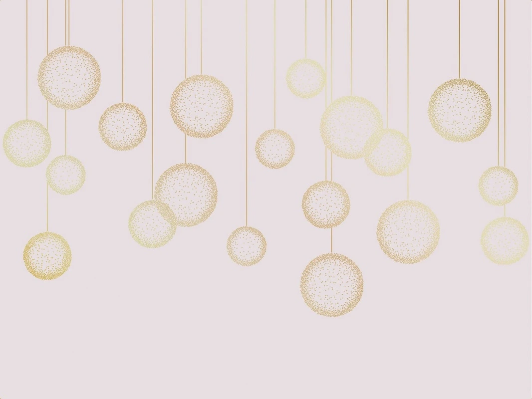 Фотообои и фрески на стену - графика, розовая, белая, золотые линии, вертикальные линии, шары
