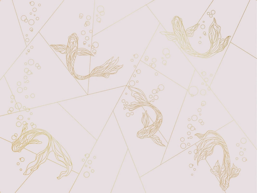Фотообои и фрески на стену - графика, розовая, белая, золотые линии, рыбы