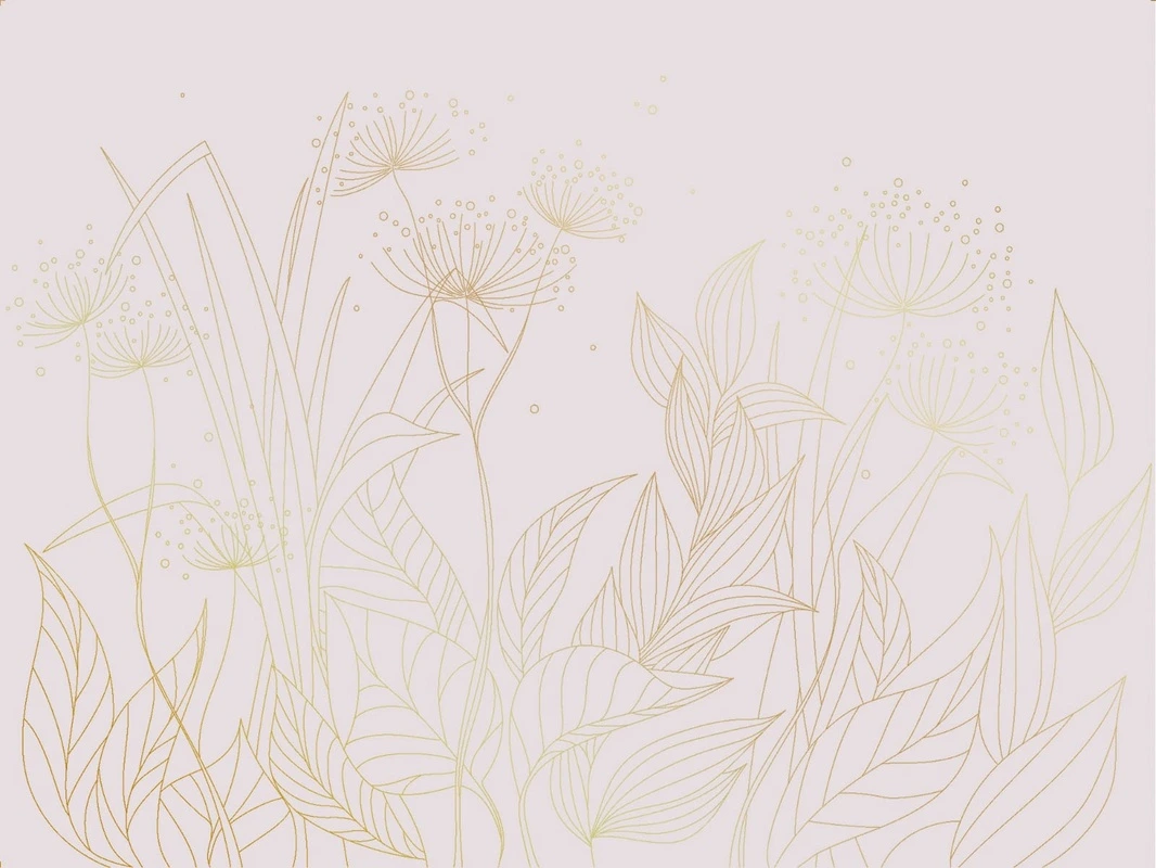 Фотообои и фрески на стену - графика, розовая, белая, золотые линии, трава, золотые листья