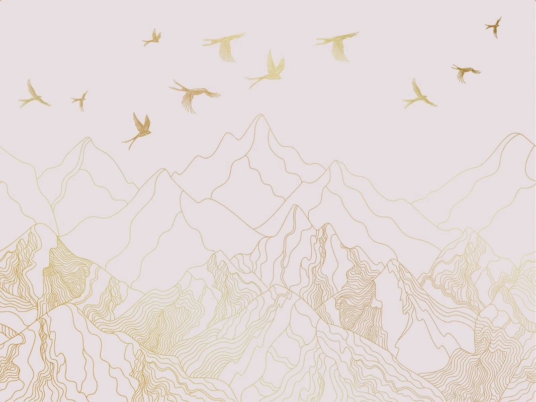 Фотообои и фрески на стену - графика, розовая, белая, светлая, горы, птицы
