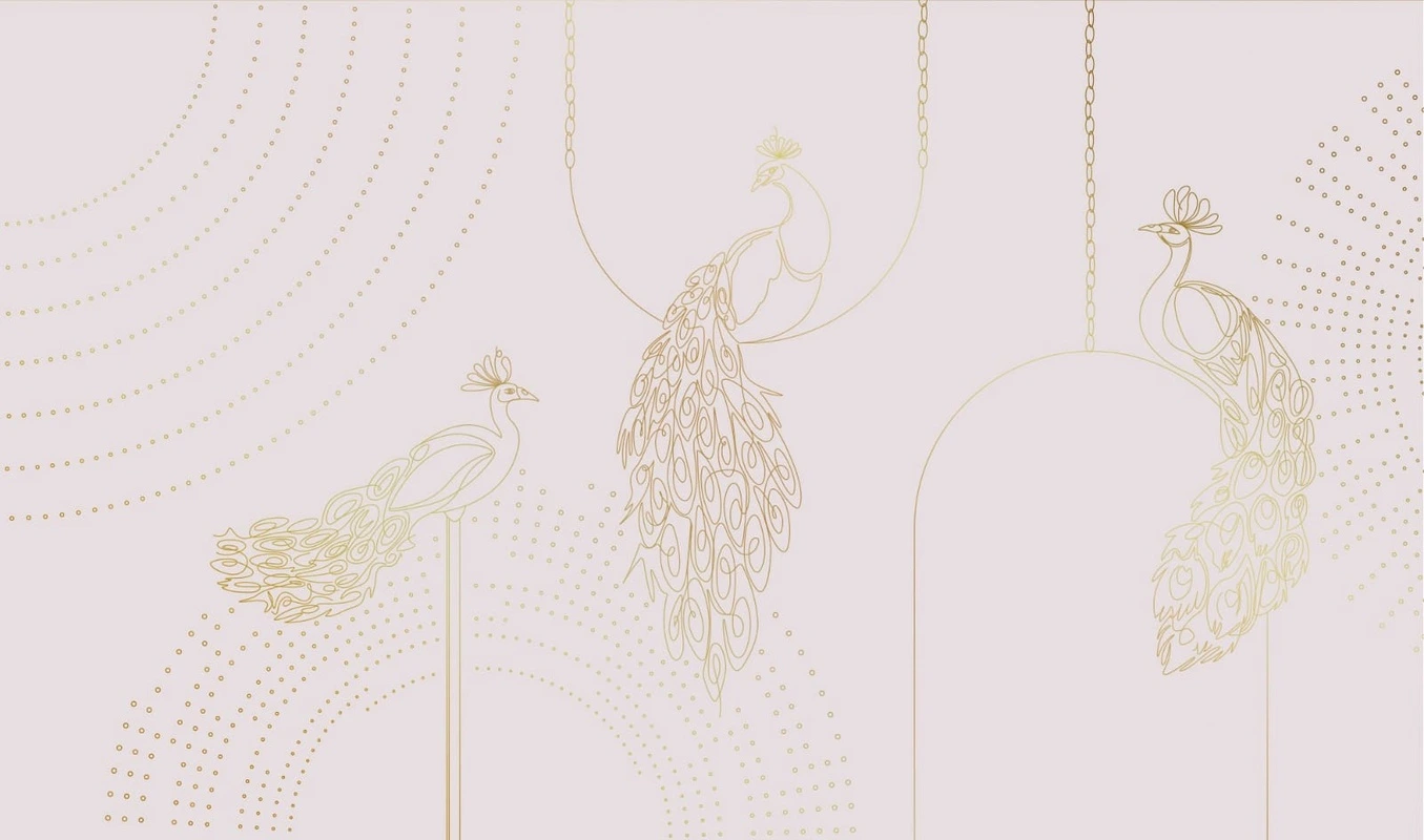 Фотообои на стену - графика, светлая, белая, розовая, золотые линии, павлины