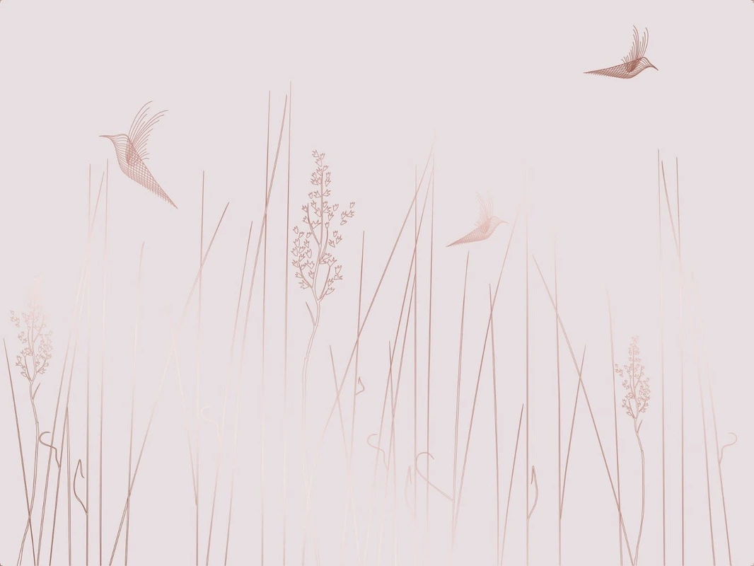 Фотообои на стену - графика, светлая, белая, розовая, линии, медные, трава, птицы