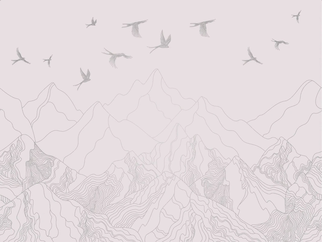 Фотообои на стену - графика, светлая, белая, розовая, с серебром, горы, птицы