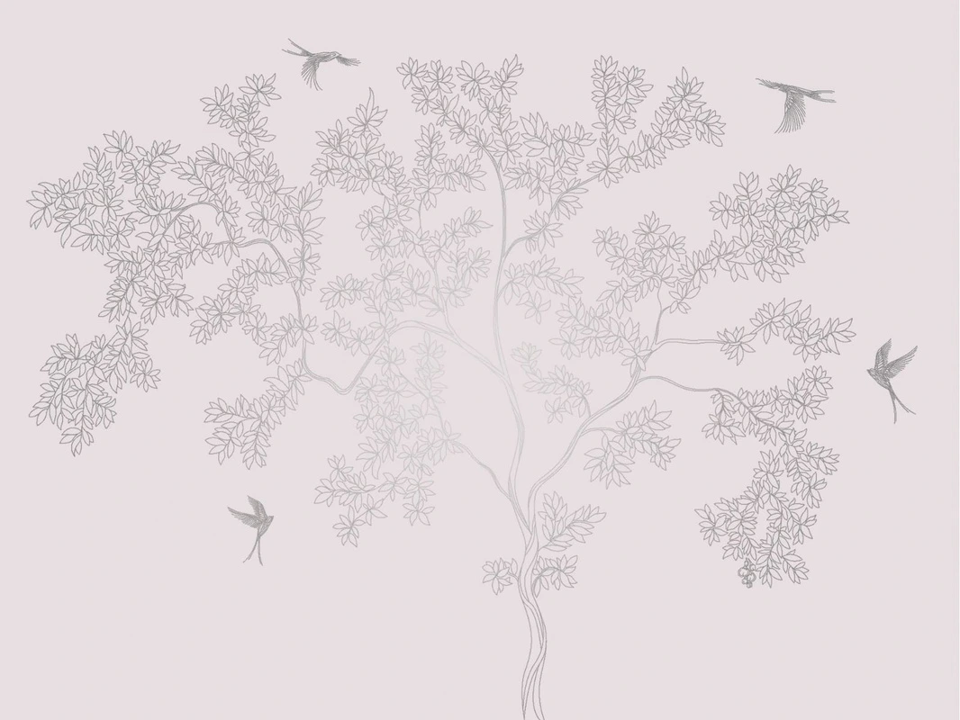 Фотообои на стену - графика, светлая, белая, розовая, с серебром, дерево, листья