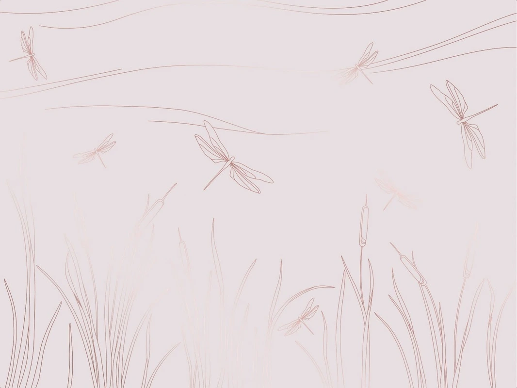 Фотообои на стену - графика, светлая, белая, розовая, медные, линии, трава, стрекозы