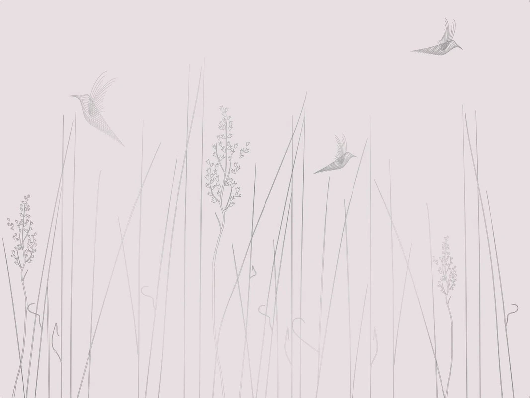 Фотообои на стену - графика, светлая, белая, розовая, с серебром, серебряные линии, трава, птицы