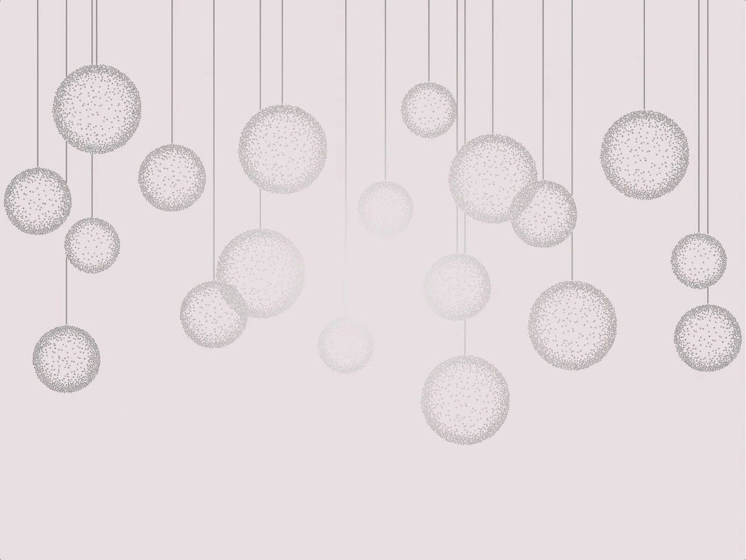 Фотообои на стену - графика, белая, вертикальные линии, шары, с серебром