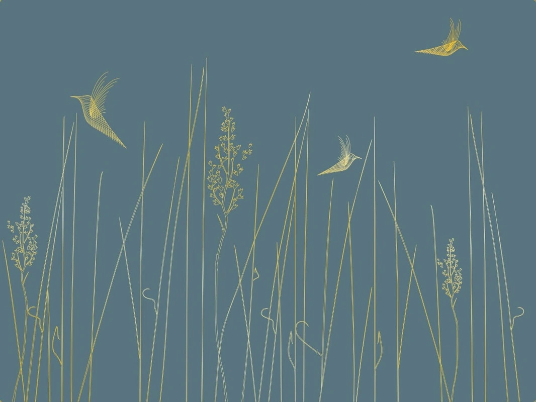 Фотообои на стену - графика, золотые линии, трава, птицы, бирюзовые, темные