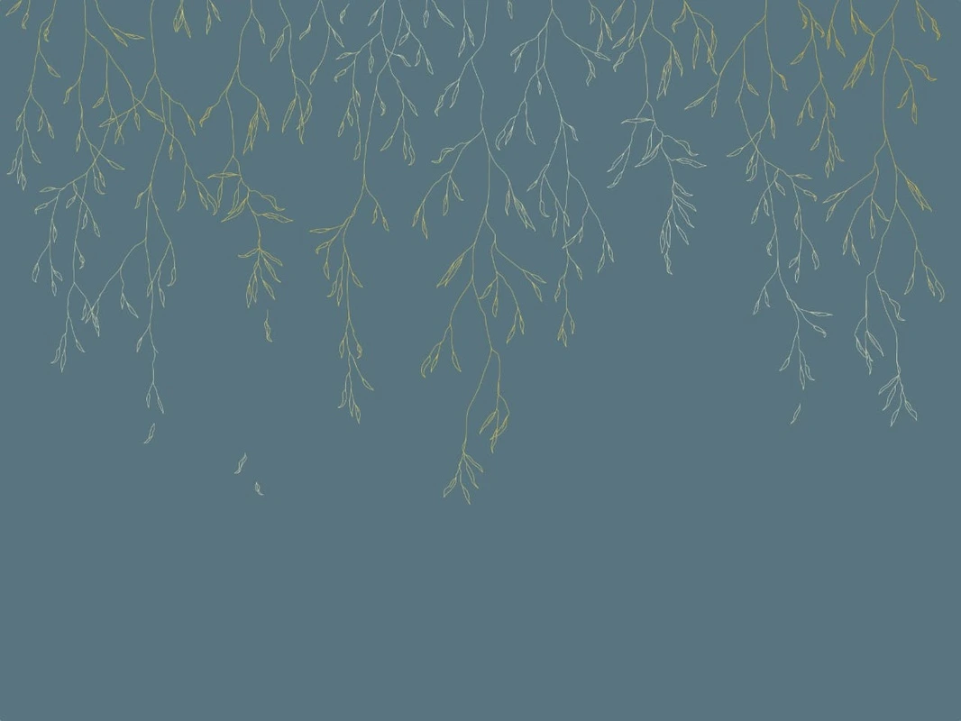 Фотообои на стену - графика, золотые линии, золотые листья, ветки, листья, бирюзовые, темные