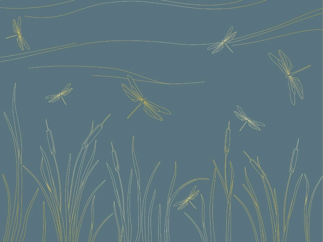 Фотообои на стену - графика, золотые линии, трава, стрекозы, бирюзовые, темная