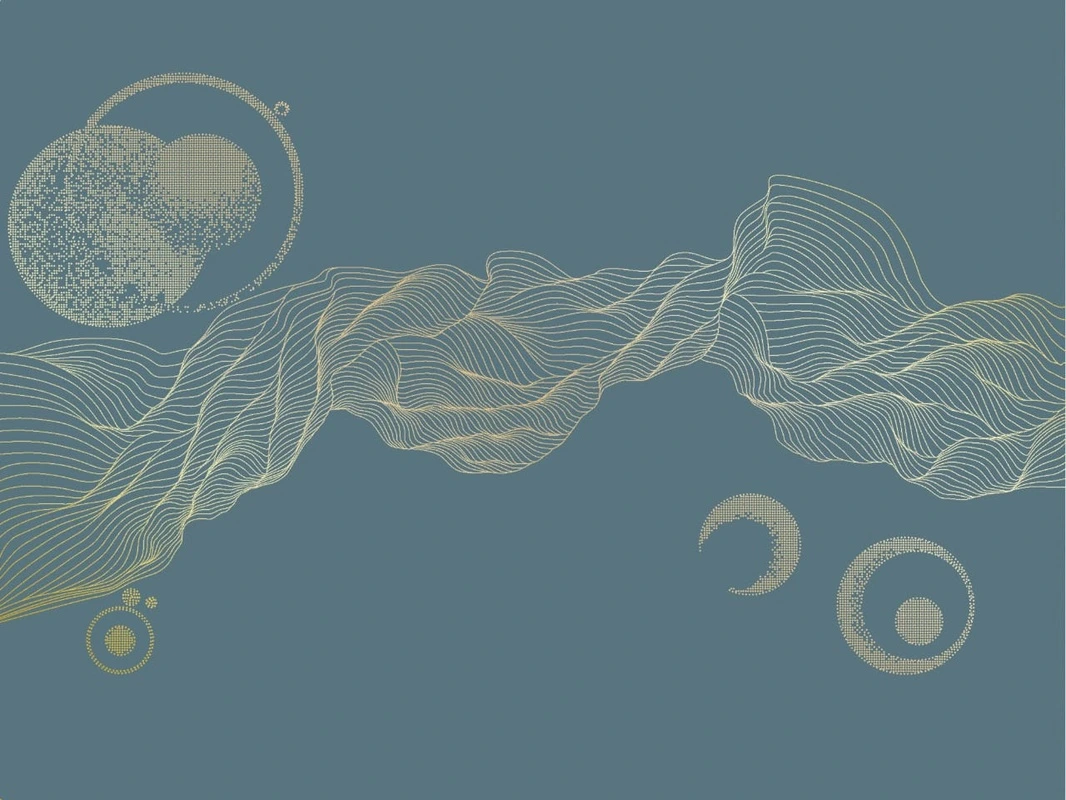 Фотообои на стену - графика, золотые линии, вуаль, шары, бирюзовые, темные