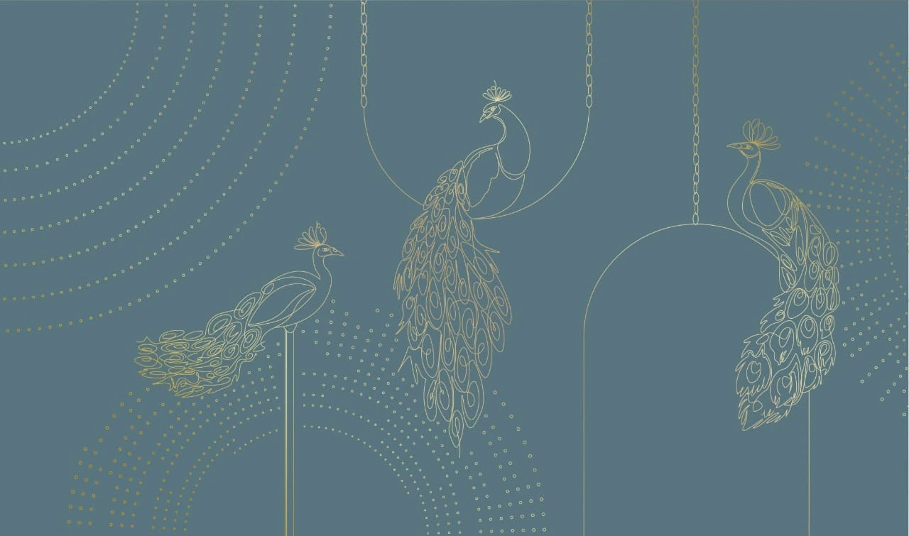 Фотообои на стену - графика, золотые линии, павлины, бирюзовые, темные