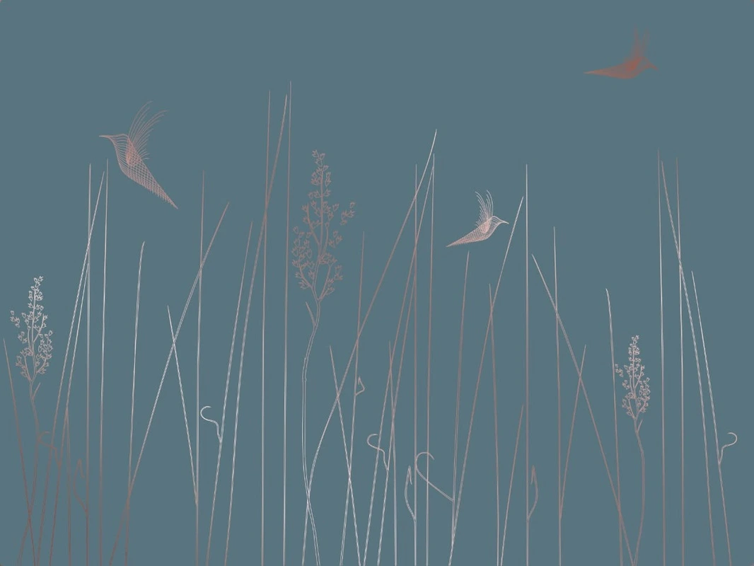 Фотообои на стену - графика, медные, линии, трава, птицы, бирюзовые, темные