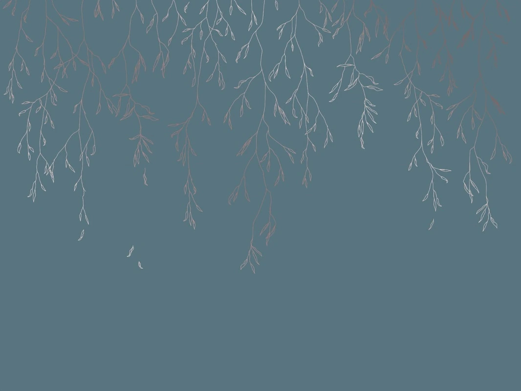 Фотообои на стену - графика, медные, линии, ветки, листья, бирюзовые, темные, ветки наверху