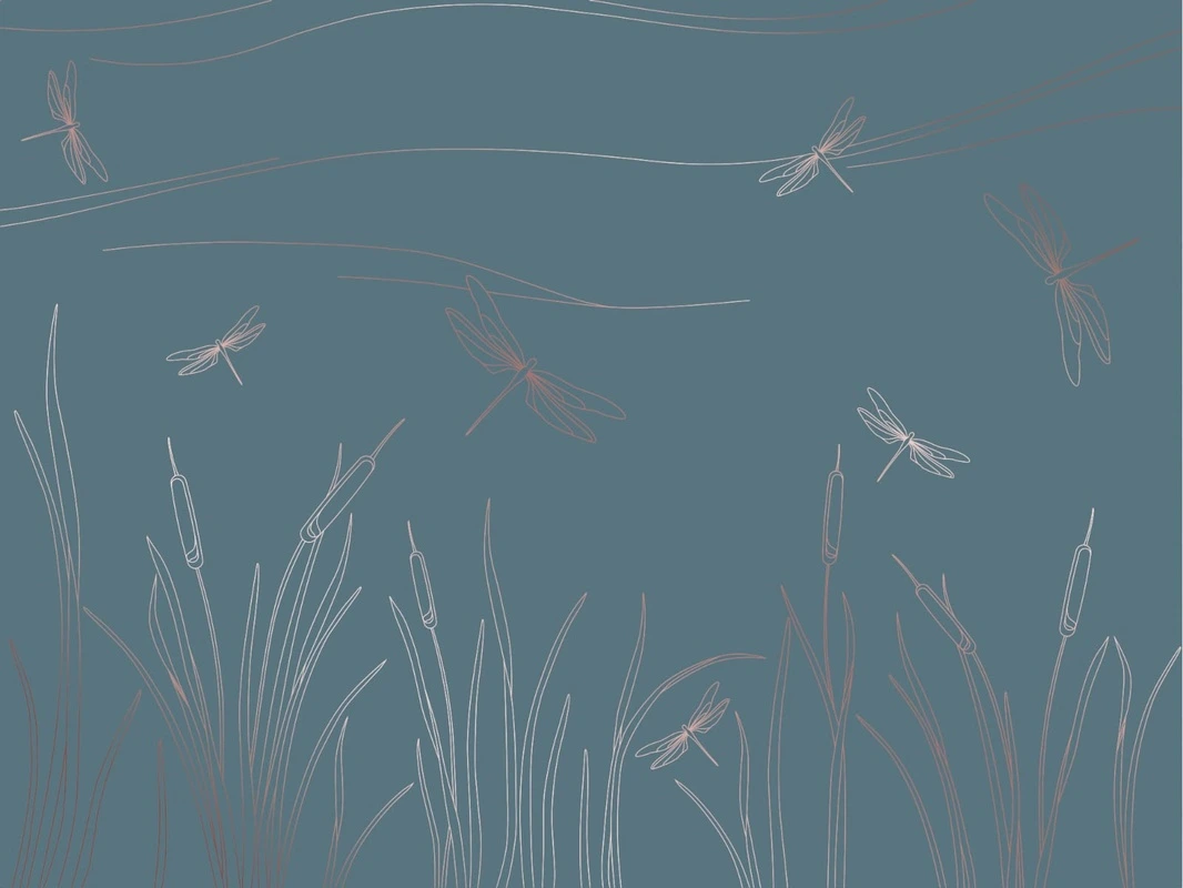 Фотообои на стену - графика, медные, линии, трава, стрекозы, бирюзовые, темные