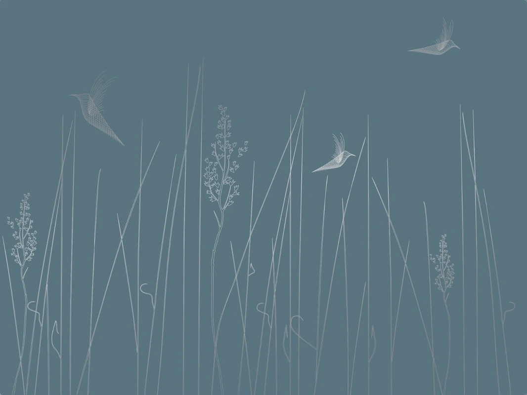 Фотообои на стену - графика, с серебром, линии, трава, птицы, бирюзовые, темные