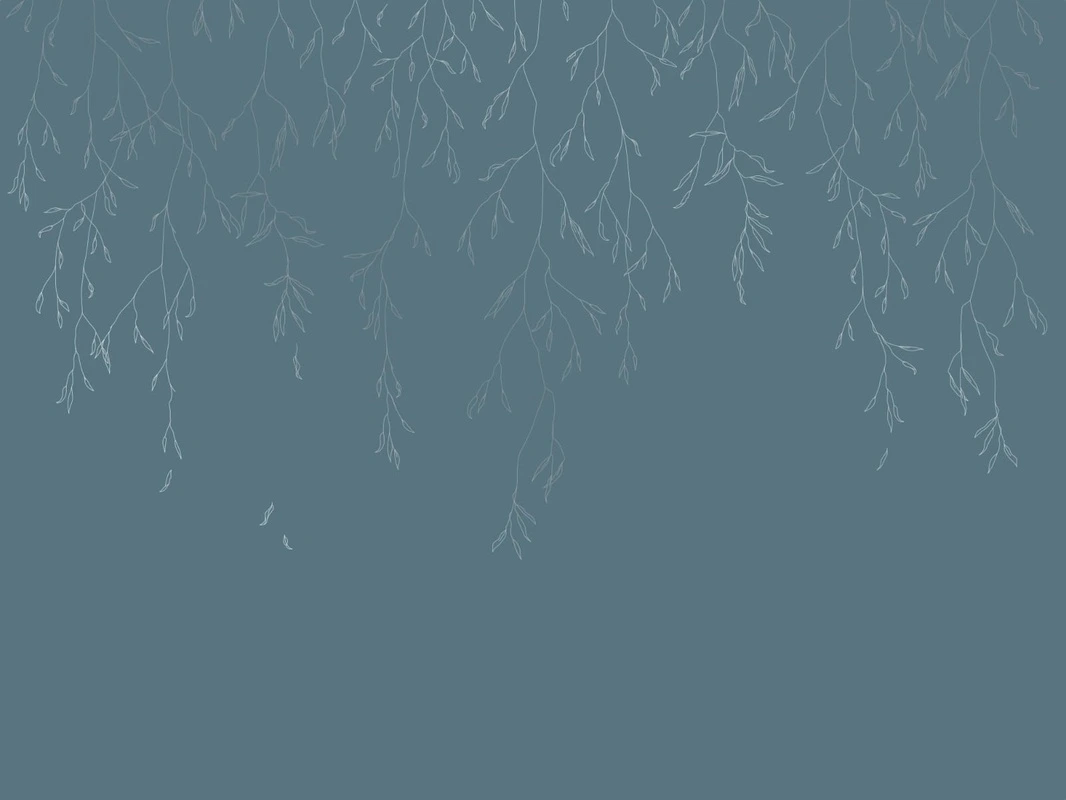 Фотообои на стену - графика, с серебром, линии, ветки, листья, бирюзовые, темные