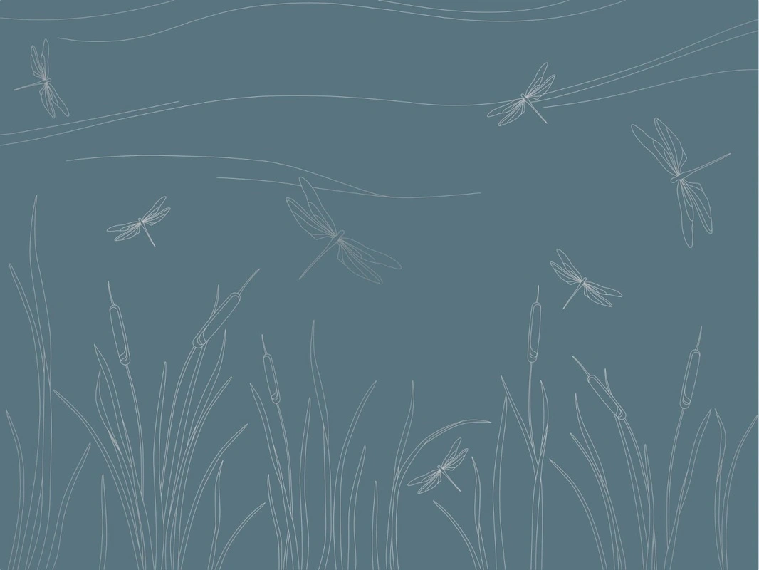 Фотообои на стену - графика, с серебром, линии, трава, стрекоза, бирюзовые, темные