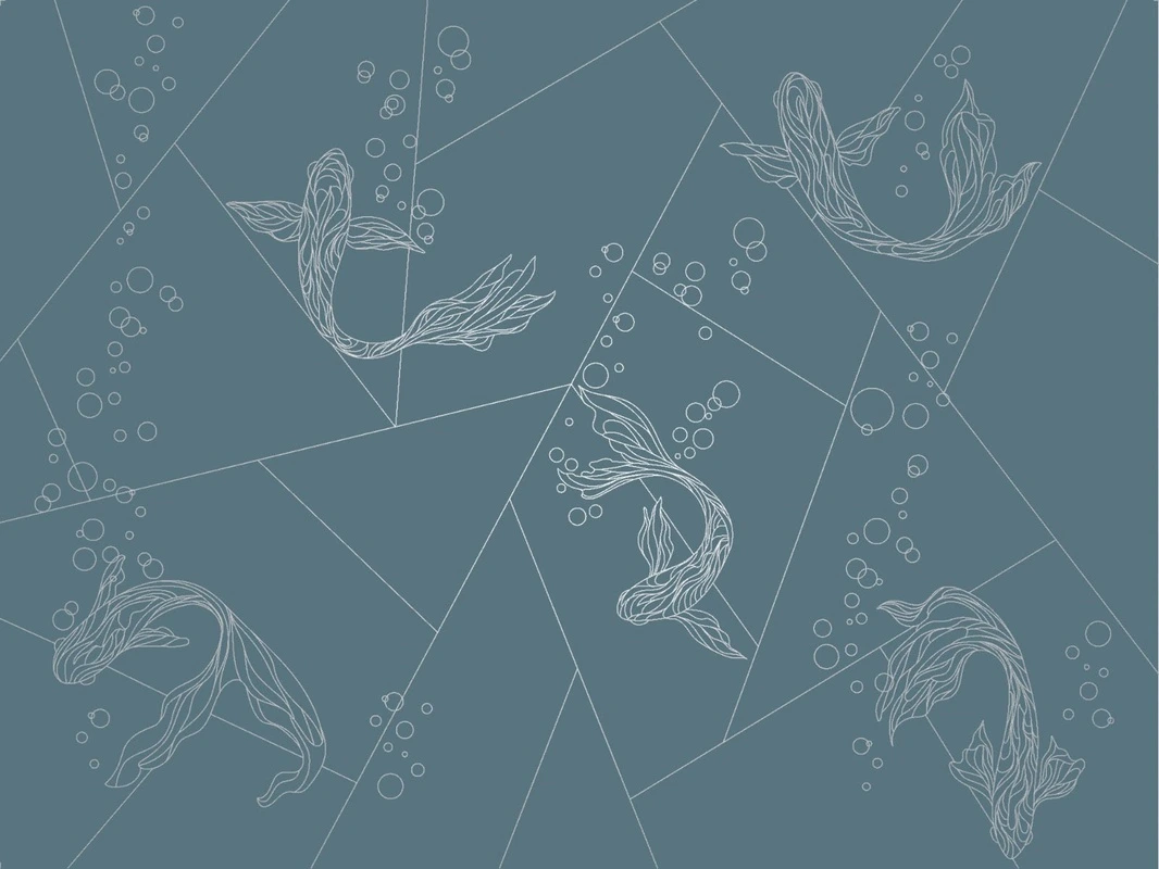 Фотообои на стену - графика, с серебром, рыбы, линии, бирюзовые, темные