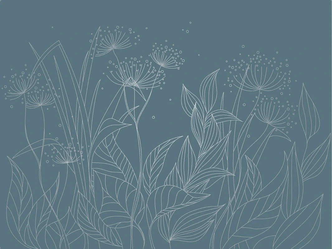 Фотообои на стену - графика, с серебром, линии, трава, листья, бирюзовые, темные