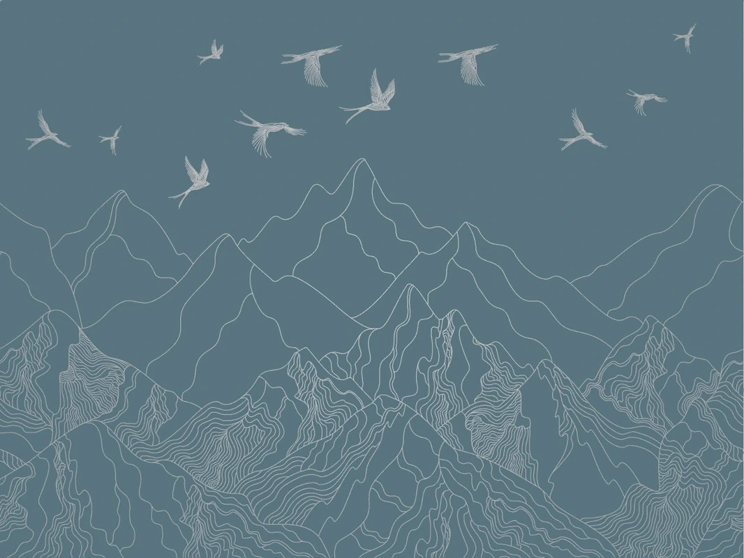 Фотообои на стену - графика, с серебром, горы, птицы, бирюзовые, темные