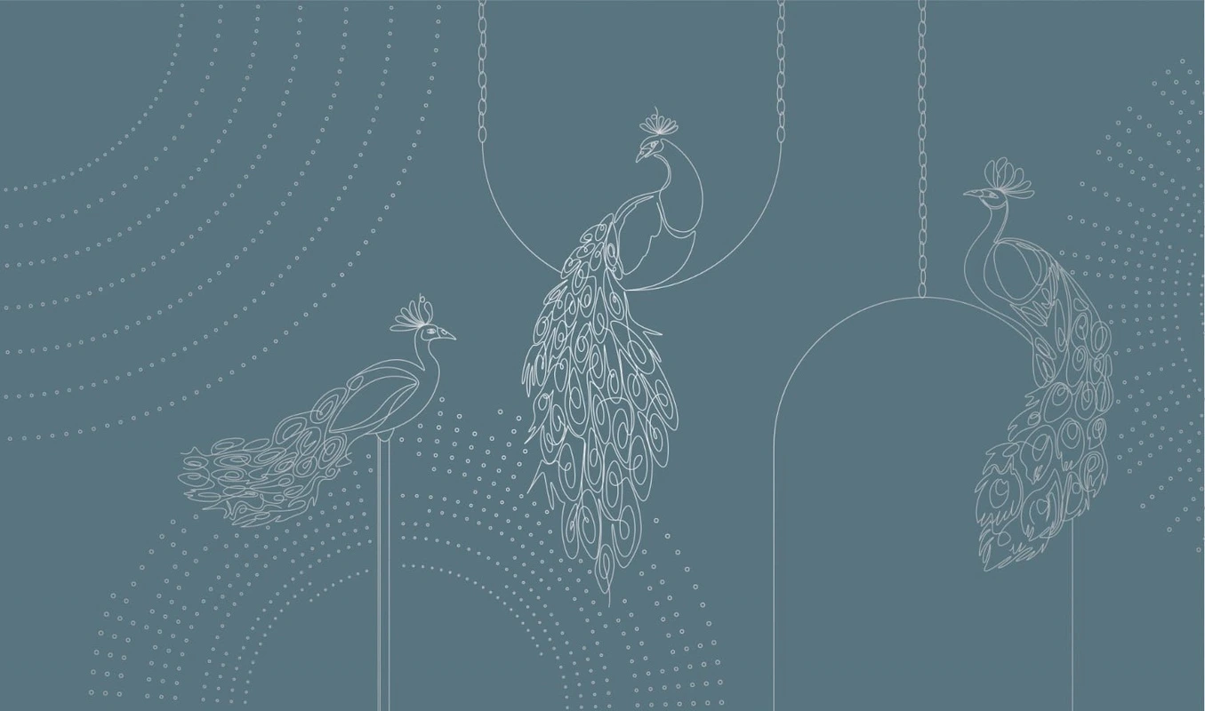 Фотообои на стену - графика, с серебром, павлины, бирюзовые, темные