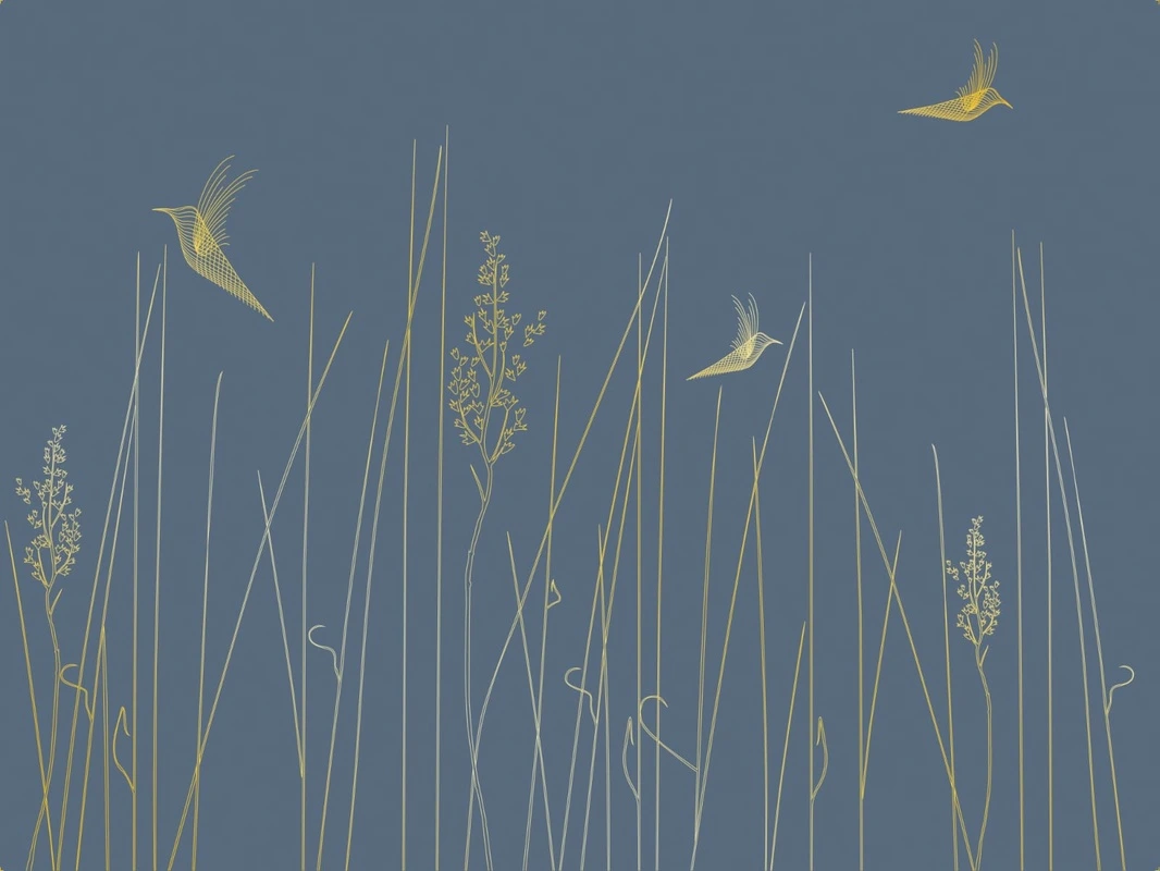 Фотообои на стену - графика, золотые линии, трава, птицы, синии, темные