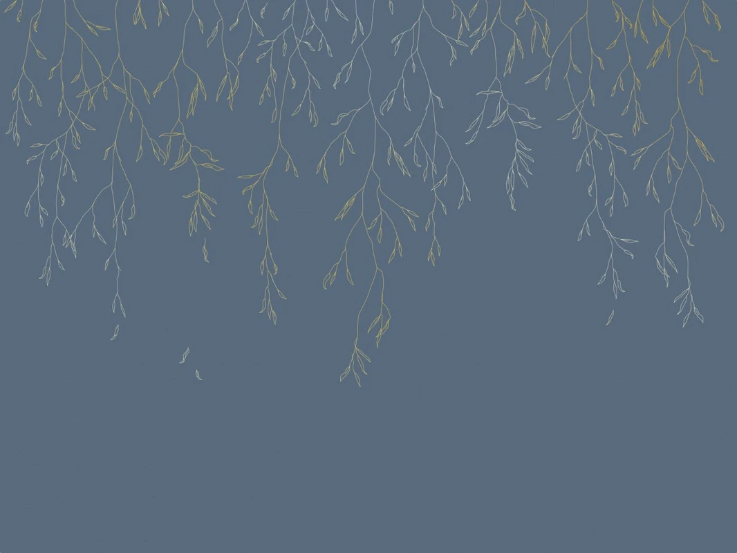 Фотообои на стену - графика, золотые линии, золотые листья, ветки, синяя, темная