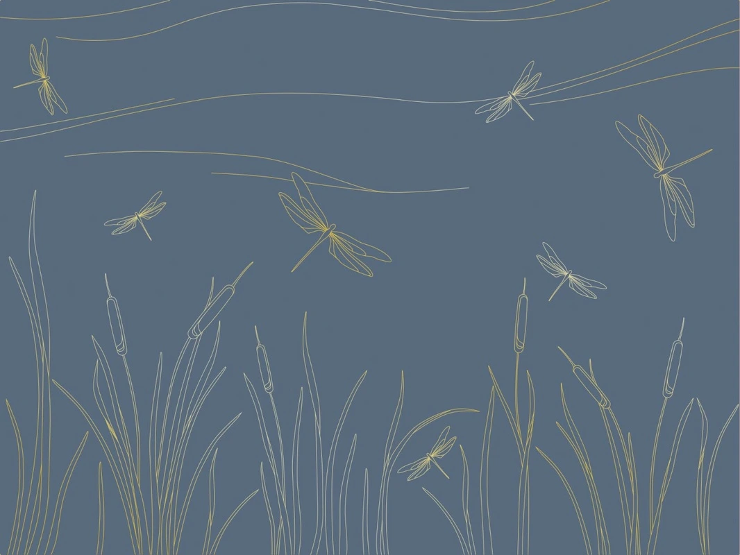 Фотообои на стену - графика, золотые линии, трава, стрекозы, синяя, темная