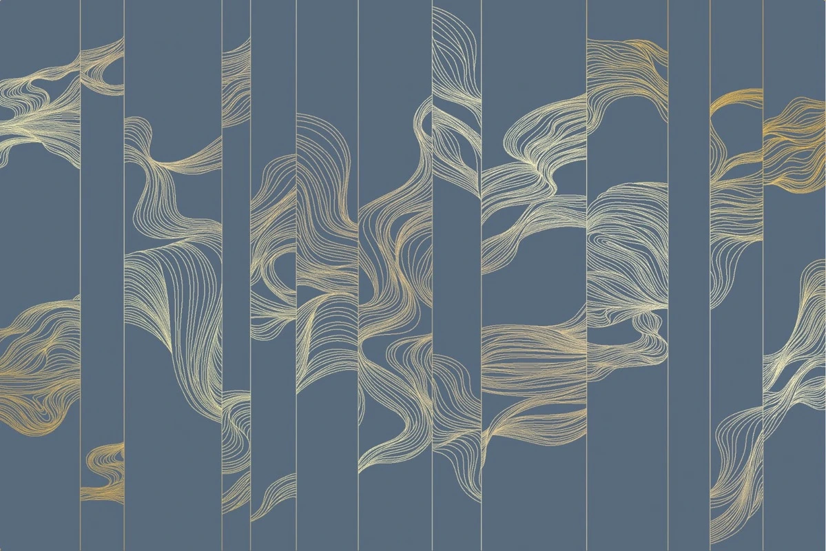 Фотообои на стену - графика, золотые линии, волны, вертикальные, синие, темные, темно-синие