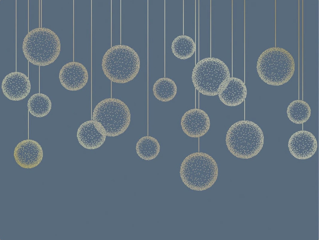 Фотообои на стену - графика, золотые линии, вертикальные линии, шары, синяя, темная, темно-синяя