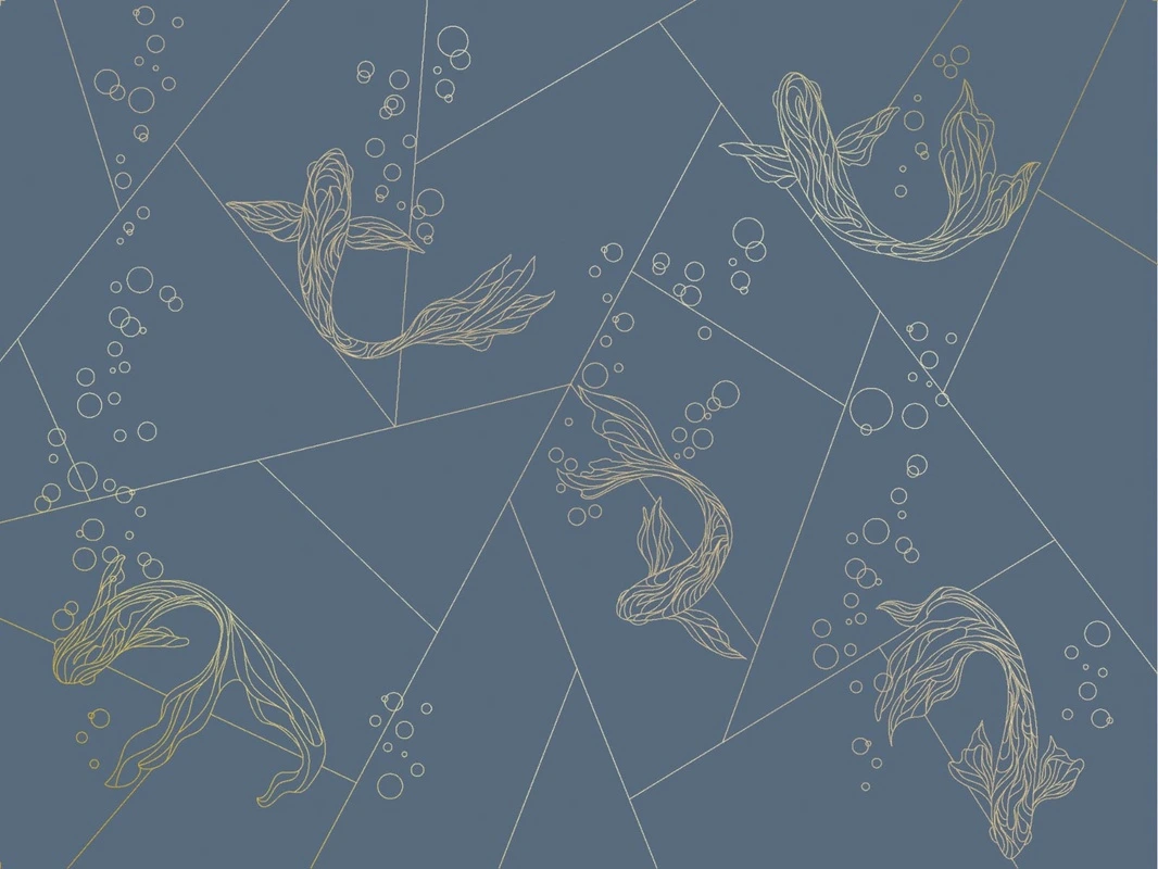 Фотообои на стену - графика, золотые линии, рыбы, синяя, темная, темно-синяя