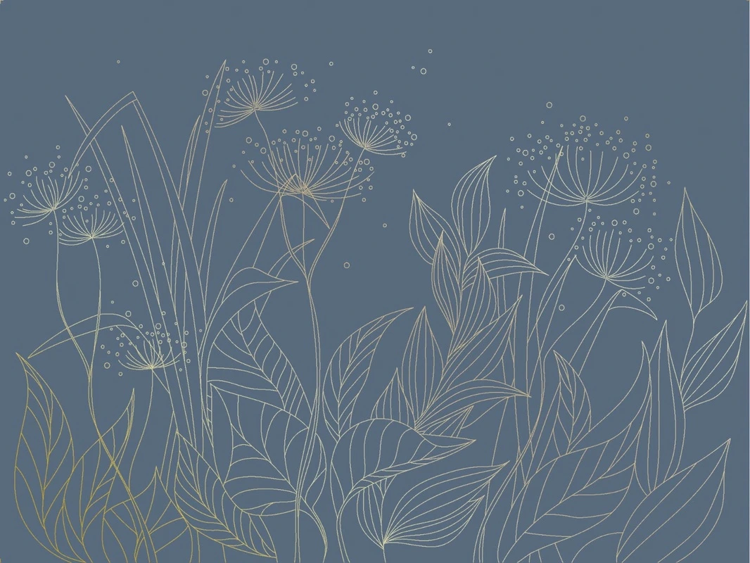 Фотообои на стену - графика, золотые линии, трава, золотые листья, синяя, темная, темно-синяя