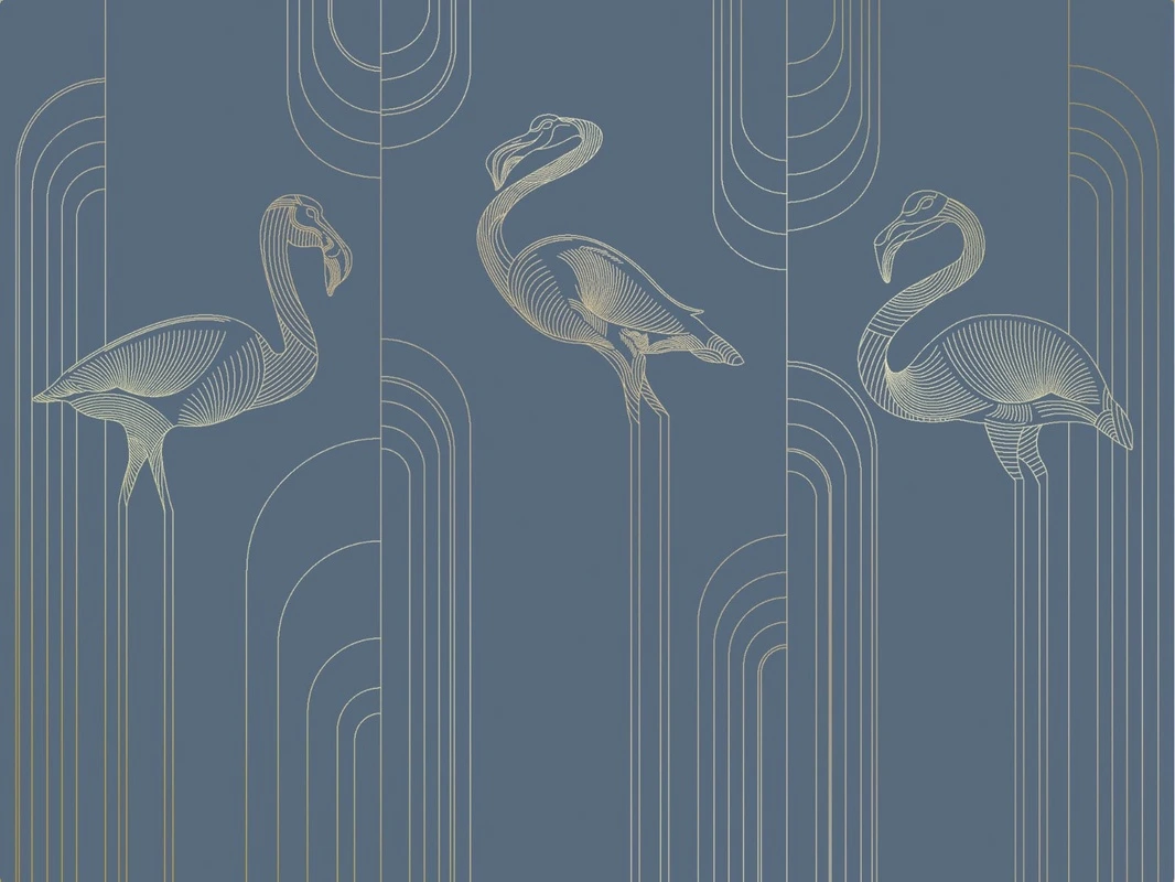 Фотообои на стену - графика, золотые линии, с золотом, фламинго, синяя, темная, темно-синяя