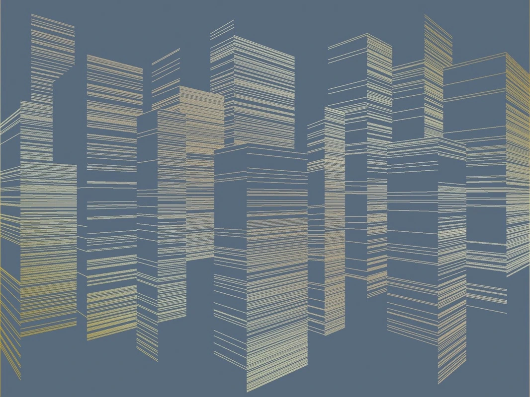 Фотообои на стену - графика, золотые линии, с золотом, город, высотные дома, улица, синяя, темная