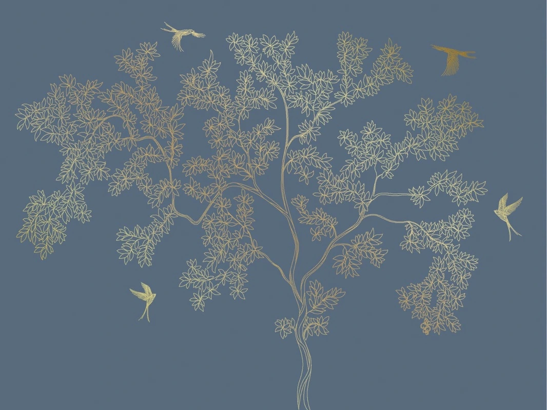 Фотообои на стену - графика, золотые линии, с золотом, дерево, золотые листья, птицы