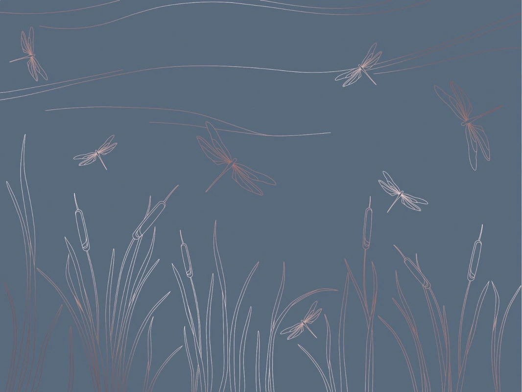 Фотообои на стену - графика, медные, трава, стрекоза, темная, синяя