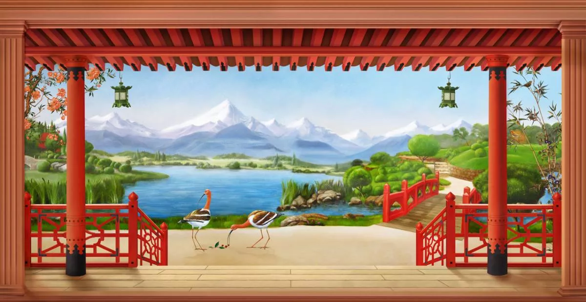 Фотообои и фрески на стену - пейзаж, китайские, красные, веранда, пруд, зеленые, озеро, горы, зелень, природа, китай, фонари, водоемы, китайский пейзаж, горы со снешными вершинами, в китайском стиле, красные колонны, птицы, сад, цапли, китайский стиль